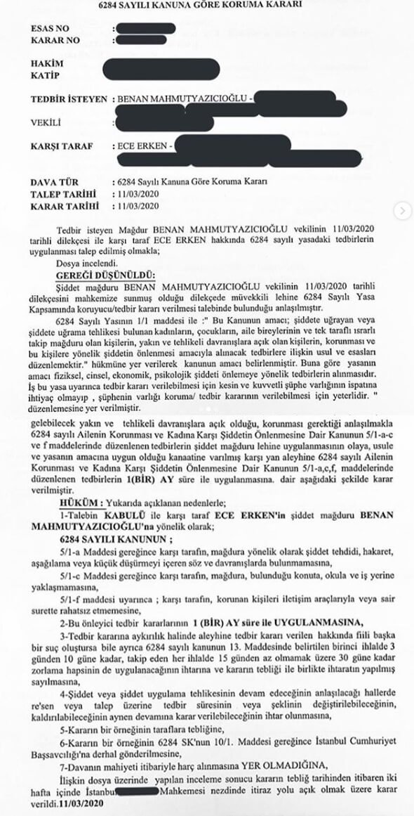 Benan Mahmutyazıcıoğlu, Ece Erken’e karşı koruma kararı aldırdı