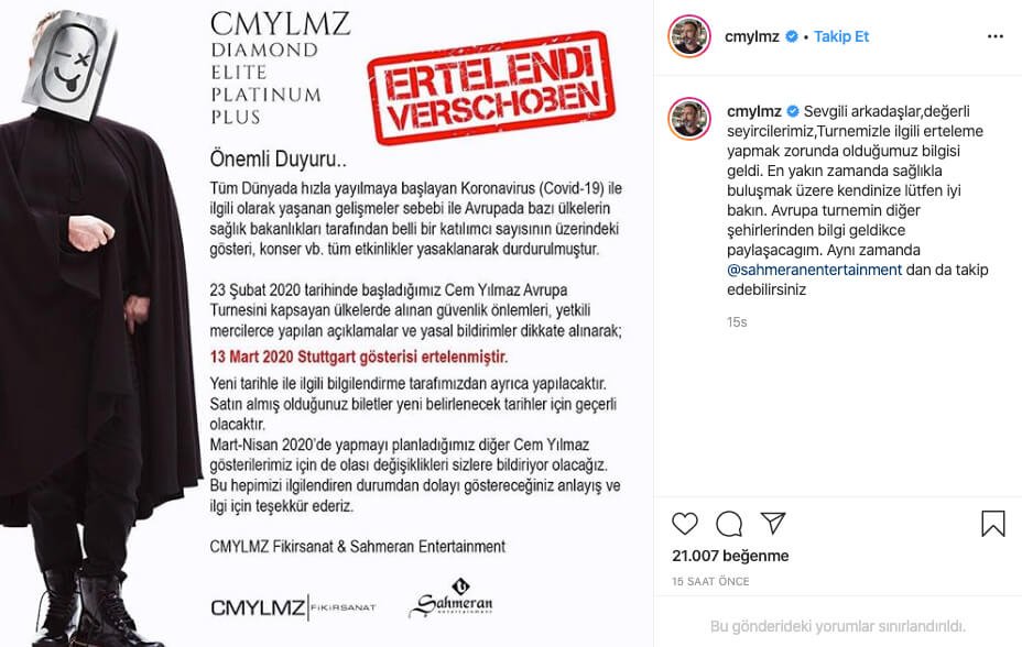 Cem Yılmaz koronavirüs nedeniyle erteledi!